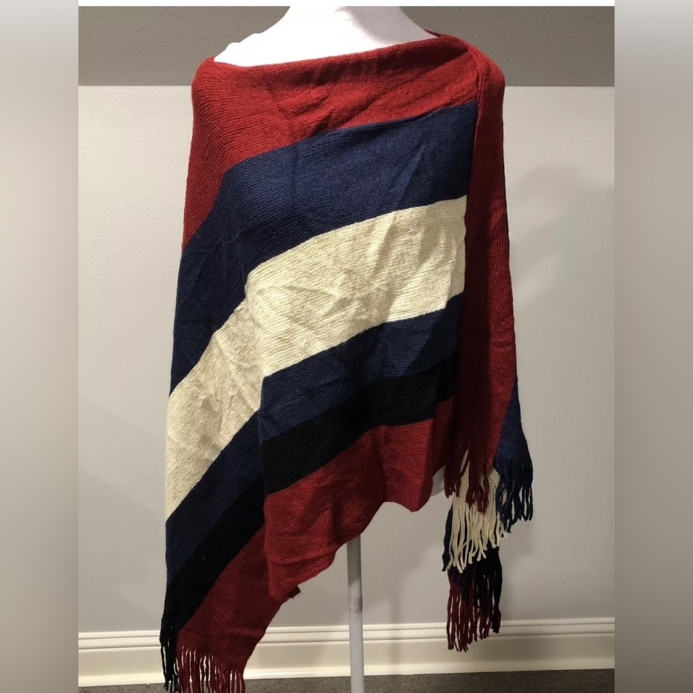 Jamie Gries Sweater Poncho Maroon Navy Camel With Fringe small medium
